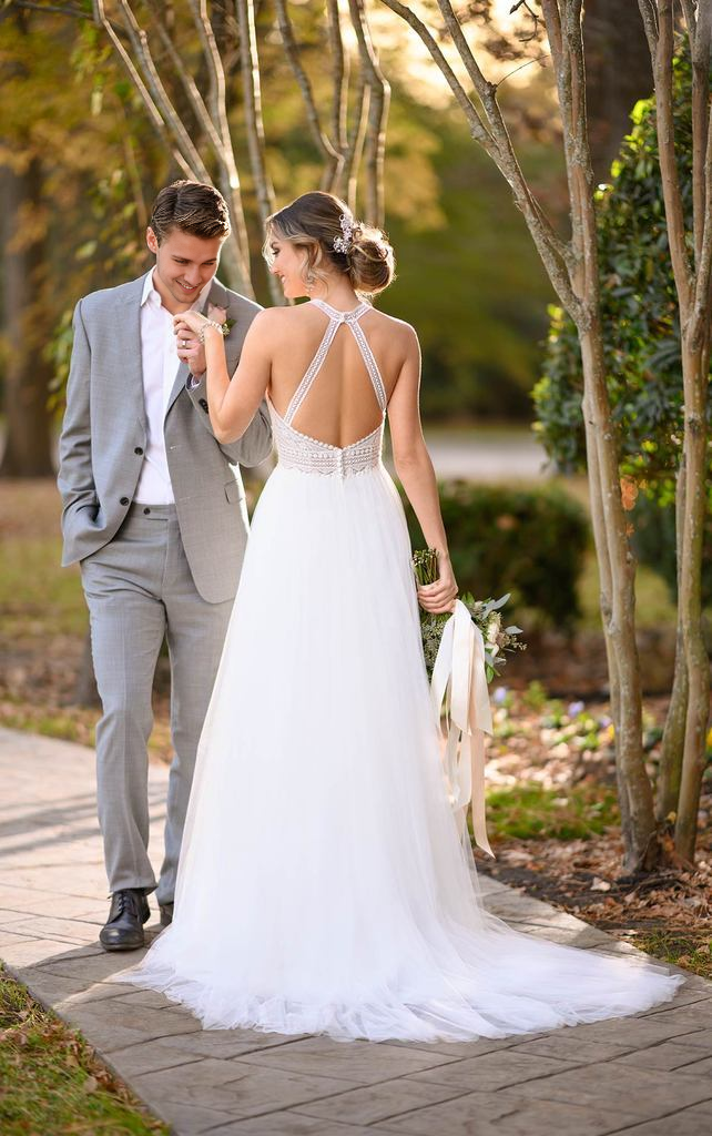 Vestidos de novia estilo bohemio con cuello halter, de gasa y encaje, para playa